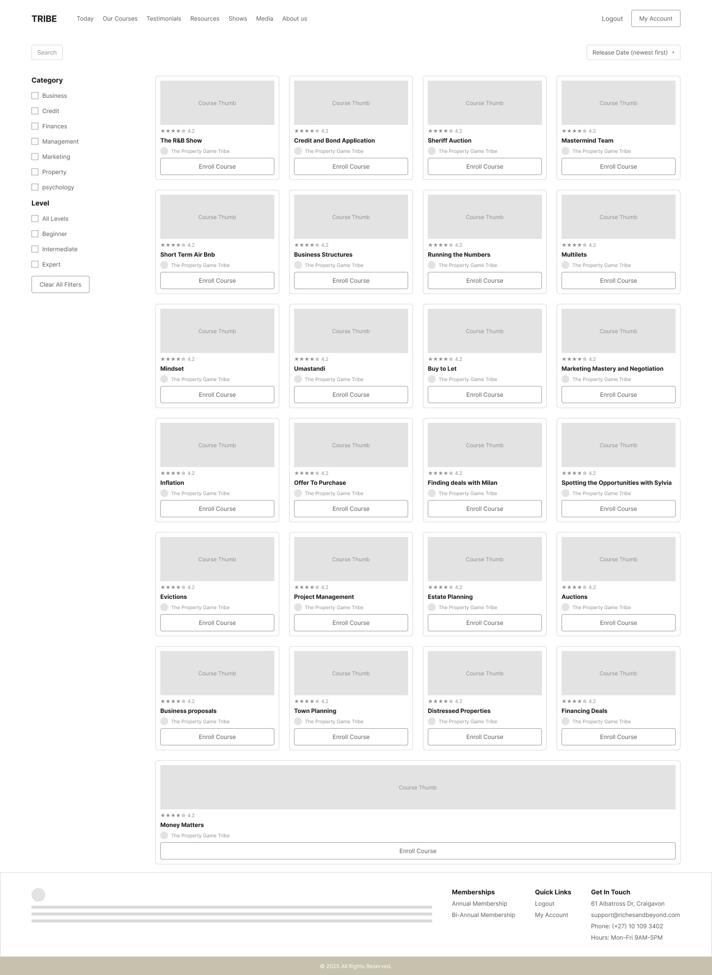 Low-fidelity wireframe of the course catalog after subscription, showing category filters and a grid of course cards.